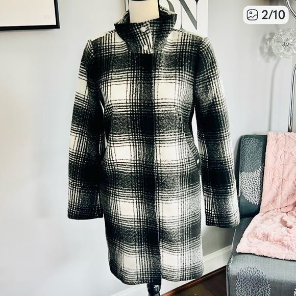 LOFT Plaid Funnel Neck Wool Blend Coat - Picture 2 of 10